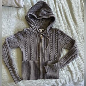 Gray Cable Knit Hooded Crop Sweater